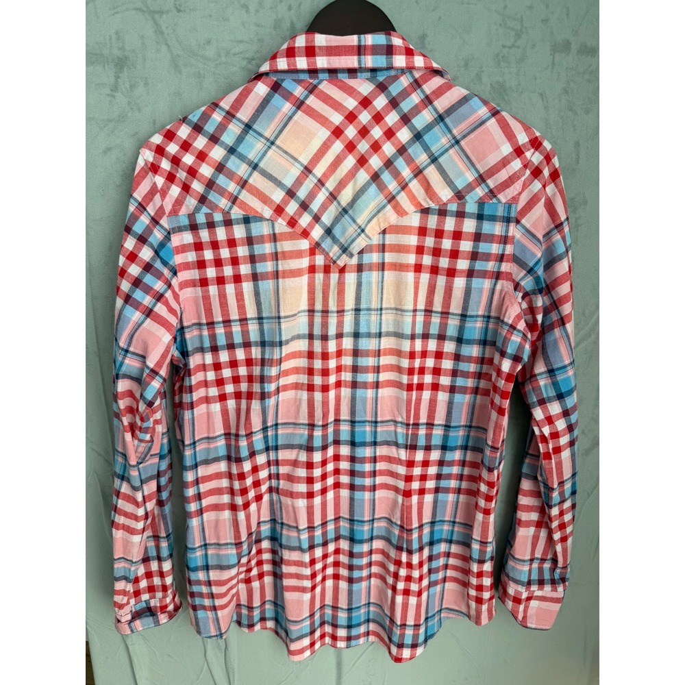 Wrangler Western Plaid Pearl Snap Down Shirt Women M Pink Blue Americana Cowgirl - Picture 2 of 7